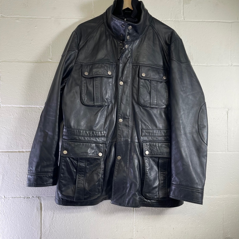 Hugo Boss Black Leather Jacket Multi Pocket Zipper Button Men's Size 44R US